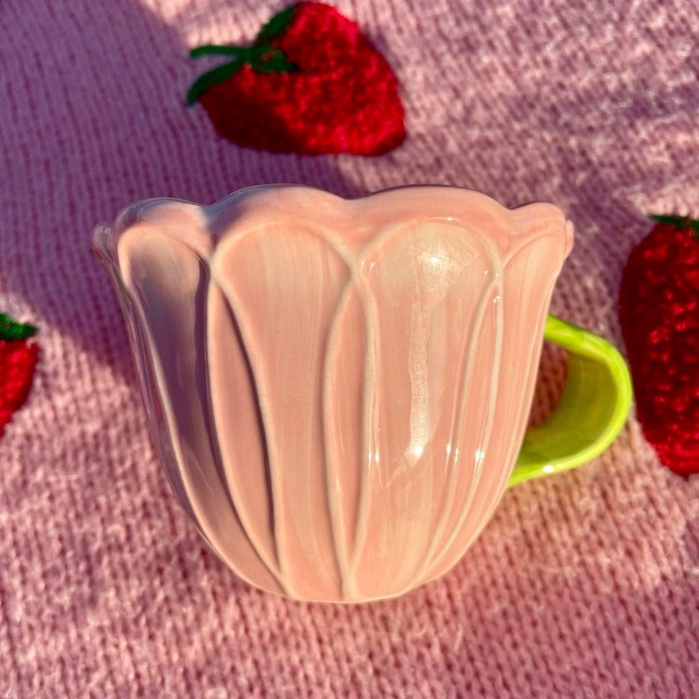 Pink Tulip Shaped Mug with Green Stem Handle